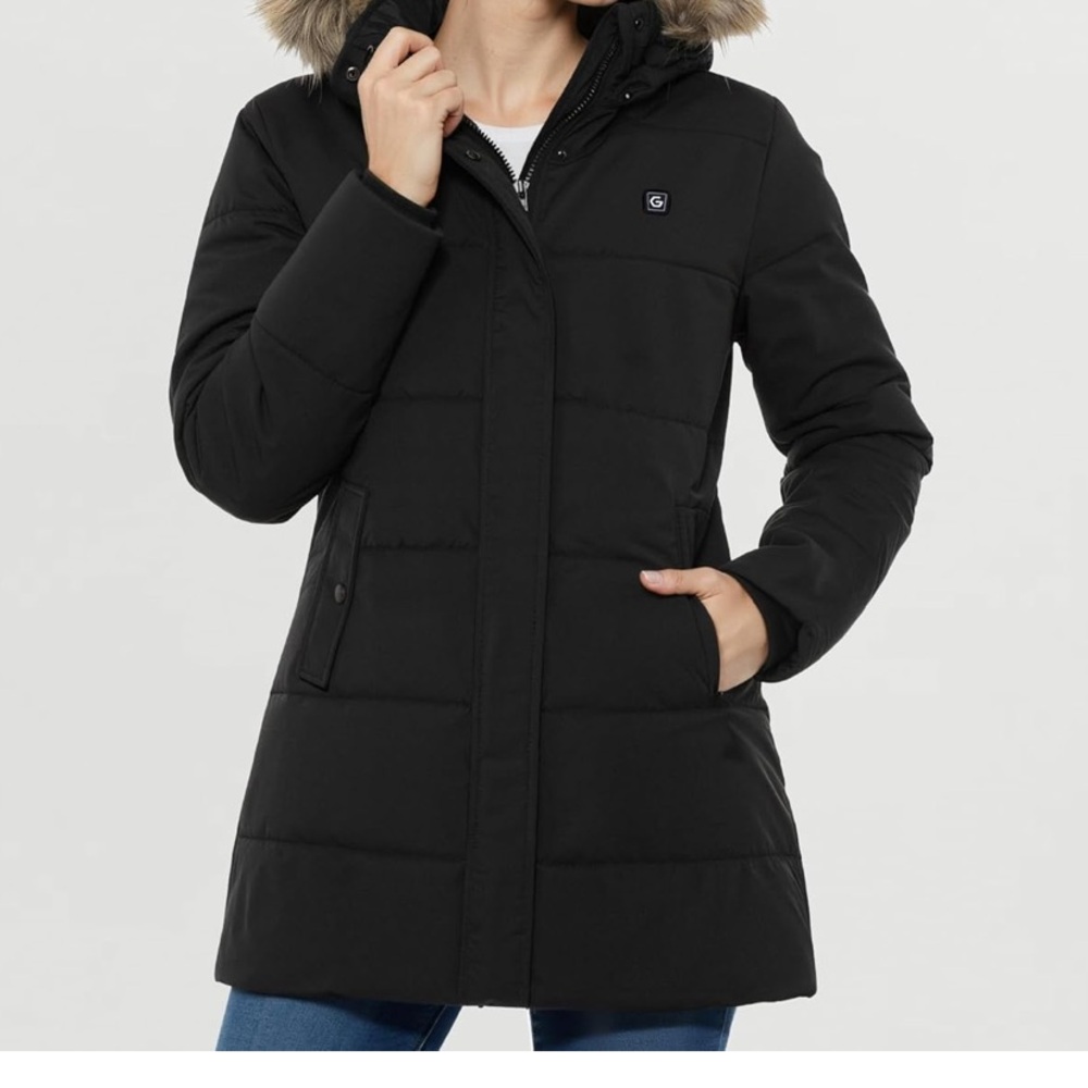 Genovega Women's Heated Hooded Long Jacket Sleeve Black Sz XL Black - Picture 2 of 11